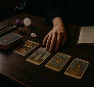 Curso de Formação Completa em Tarot da Solução de Impacto, com mão posicionando cartas de tarô.
