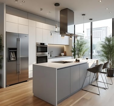 Modern minimalist kitchen with white cabinets, large island, and stainless steel appliances.