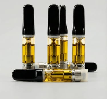 Collection of premium THC vape cartridges with amber distillate oil and black ceramic mouthpieces.