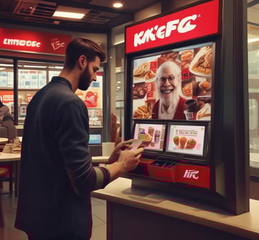 A large digital screen displays a complex pattern resembling a maze or circuit board. The design is composed of bright blue lines and dots, interspersed with small red lights scattered throughout. In the foreground, a silhouette of a person is visible, observing the intricate display.