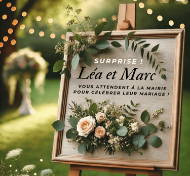 Pancarte indiquant que les invités arrivent à un mariage surprise