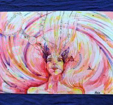 autoportrait de Naía à l'aquarelle aux tons rouges, avec un flux d'information qui s'échappe de sa bouche