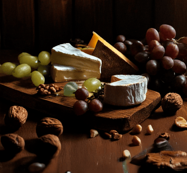"Una tabla de quesos con uvas y frutos secos."