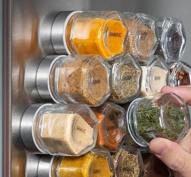 Impresa magnetic spice jars compact hexagon design on refrigerator