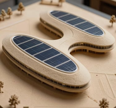 An architectural model of a futuristic eco-building, featuring sand-colored curves and integrated solar panels. The lighting is soft and artistic, suggesting innovation.