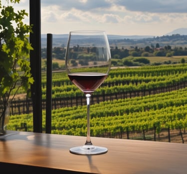 A cozy vineyard landscape at sunset with wine glasses on a rustic wooden table