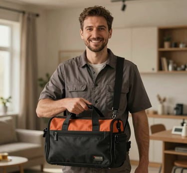 Friendly portrait of a heating technician holding a professional service bag, smiling reassuringly inside a modern, warm interior in Tekirdağ / Thrace, Turkey. Cinematic soft lighting with earthy sand tones.