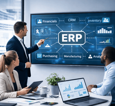 ERP finance systems dashboard showing integrated financials, inventory, CRM, and real-time reporting