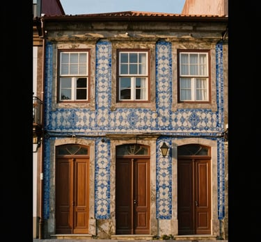 Historic townhouse facade in Porto, traditional blue tiles, vintage wooden doors, soft warm sunset light, architectural framing, 35mm.