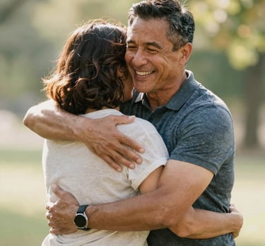 A smiling man in his 50s embracing his wife, radiating natural energy in a warm, family setting