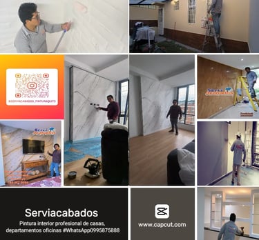 Collage de imágenes de los servicios de pintura interior y exterior de Serviacabados. Incluye profes