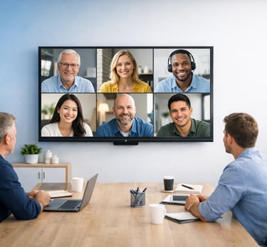 Meeting room with team attending video conference on large TV screen