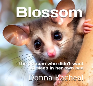 A cute possum with large eyes on a tree, featured on a book cover by Donna Racheal.