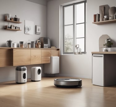 Modern electronic devices including coffee machines and scooters displayed on a shelf.