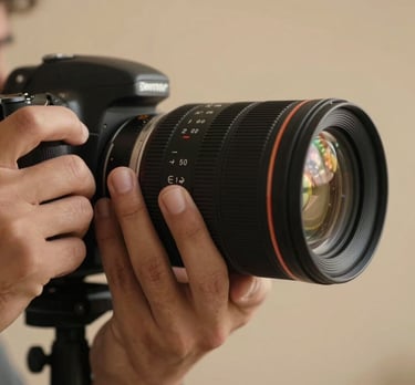 Close-up of a photographer's hand adjusting a lens in a studio. The lighting is warm and artistic. Professional South American / Brazilian vibe.