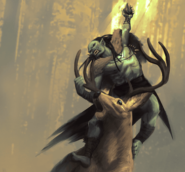 Predatory orc using a rock to kill a stag. Art by Christian Ardila.