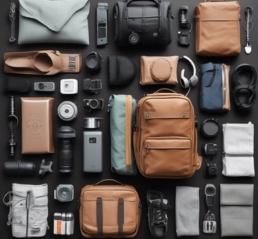 A collection of travel essentials sits on a detailed map. A vintage camera in a brown leather case rests near a smartphone displaying Cyrillic text. Next to it, a large white travel tumbler marked 'Journal' stands beside several electronic gadgets, including a portable music player, an external hard drive, and a set of coiled cables. A pack of color film and a blue notebook complete the setup.