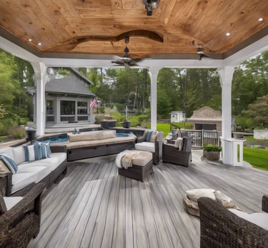 a covered porch with a couch and a couch