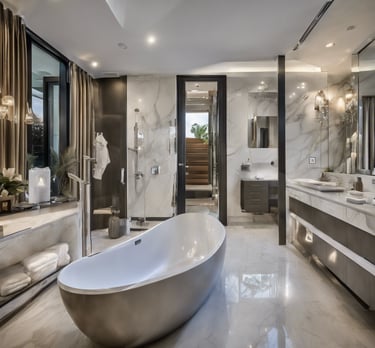a bathroom with a tub tub and a large mirror