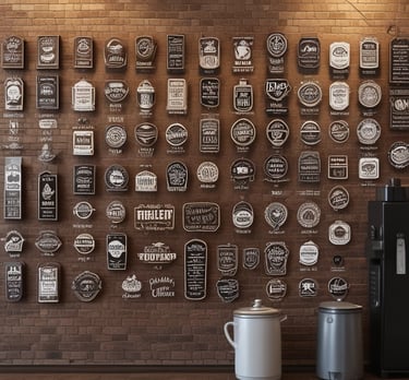 A stylish display wall featuring a wide array of colorful coffee pods arranged in a grid pattern. The pods are of various colors such as red, orange, gold, and navy blue, set against a light wooden backdrop. The upper part showcases artificial trees and a modern, circular light fixture overhead. In the foreground, a sleek checkout counter and stands with products add to the modern retail atmosphere.