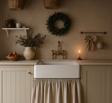 pretty country kitchen with a sink skirt beneath the sink