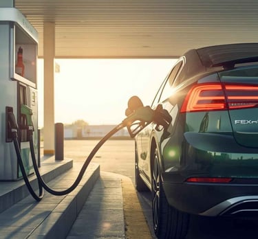 Imagem mostrando um carro flex abastecendo em um posto moderno no Brasil, com destaque para os combustíveis etanol.