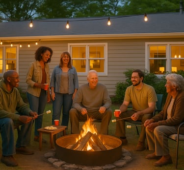 a group of people sitting around a fire pit