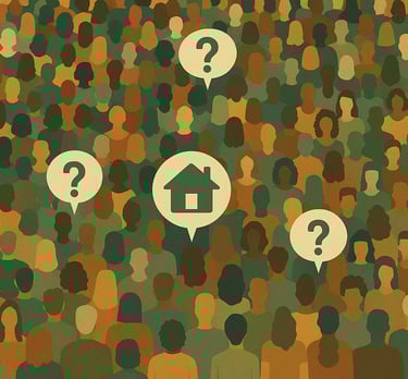 a crowd of people standing around a group of questionnaires