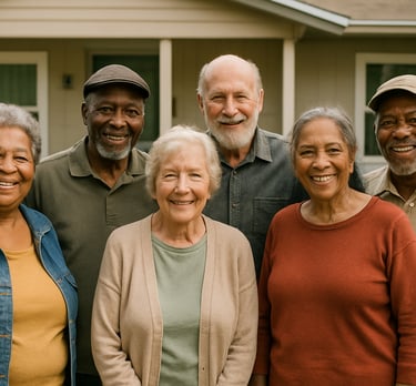 a group of people standing in front of a house