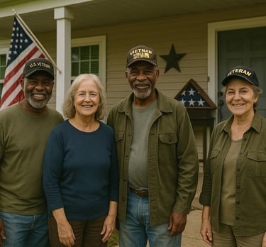 a group of people standing in front of a house
