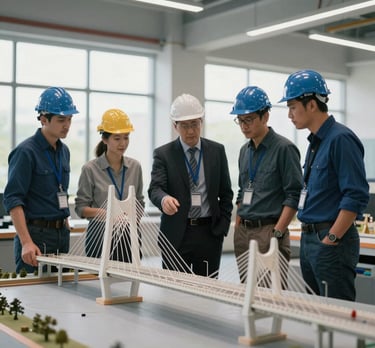 Photography of a group of engineers around a large scale model of a bridge, pointing and discussing details in a bright architectural studio.