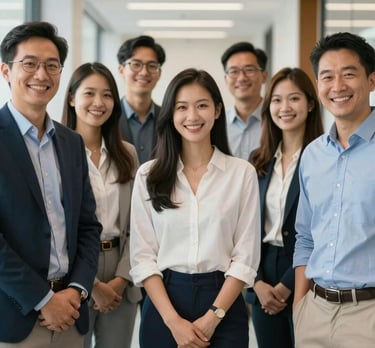 A portraits of a professional team smiling warmly in a bright, modern office hallway. They are dressed in business casual attire. The atmosphere is friendly and trustworthy. North American / US corporate culture.