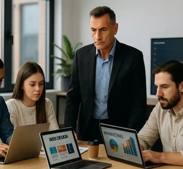 Coordinador de Marketing formando a tres alumnos centrados en su ordenador