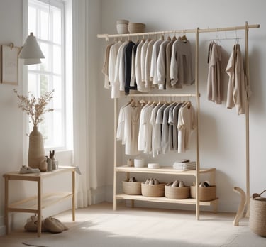 A cluttered room filled with clothes on hangers, ranging from plaid shirts to various jackets and coats. The setting appears to be a dimly lit second-hand or thrift store with narrow aisles between racks of clothing.