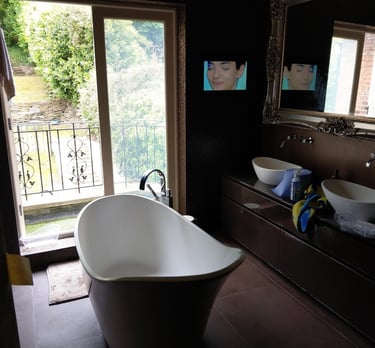 MountMyTV - 32" Aquavision TV mounted on a wall in a tiled bathroom