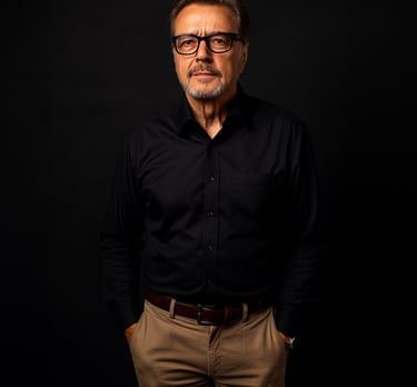 a man in a black shirt and glasses