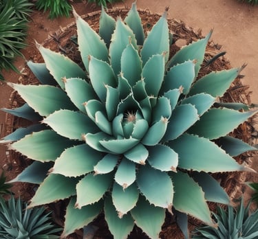 the view of a agave plant with a blue hue from up above the plant 