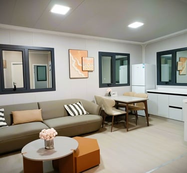 Vue d'un salon avec intérieur soigné d'une maison container.