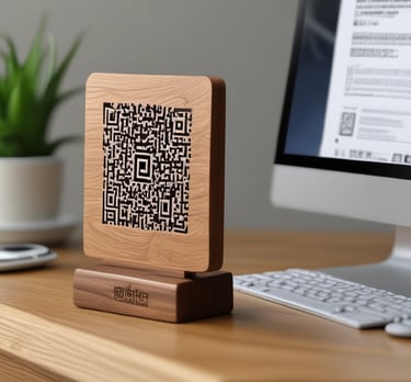 A stylish desktop stand with a QR code.