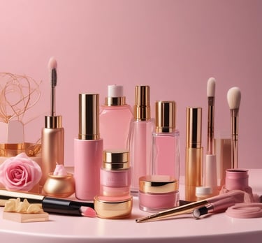 A vibrant display of cosmetic products in elegant packaging.