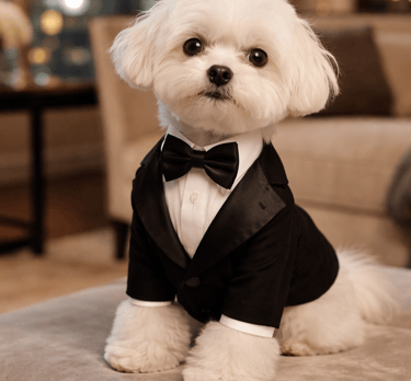 Cagnolino bianco con smoking nero.