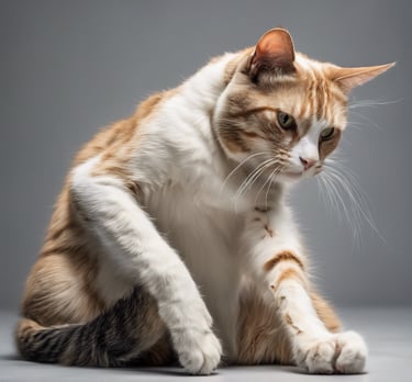 a cat sitting on the floor with its paws up