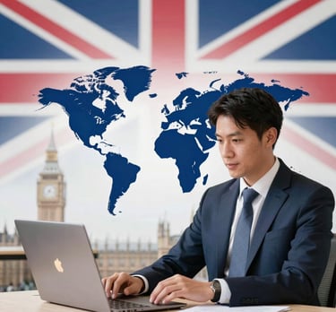 A sleek, minimal illustration of a globe highlighting the UK, connected to overseas locations by clean lines.