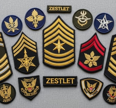 ssorted military rank insignia and embroidered patches Various ZESTLET embroidered military rank insignia and patches display