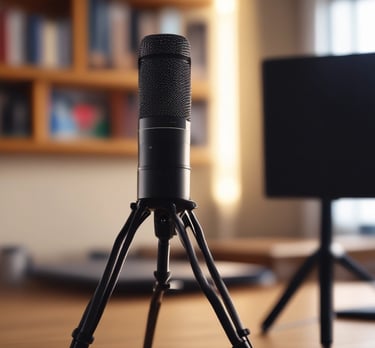 A smartphone displaying a podcast app screen is placed on a wooden surface next to a closed black notebook. The phone screen shows a podcast titled 'The Realmac Show' with controls for play, pause, and other options.