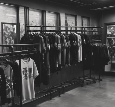 Dimly lit storefront of a clothing shop with the brand name visible above the entrance. The closed shop is surrounded by dark and subdued lighting, with some illuminated fixtures creating a warm glow. Metal structures or decor elements are placed in the foreground.