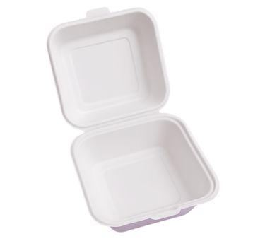 Compostable 8x8 inch bagasse clamshell container for burgers and snacks.