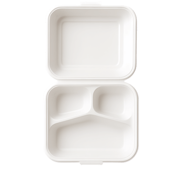 Eco-friendly 8x8 inch 3 compartment bagasse clamshell.