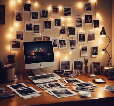 poloroid photos scattered on a table near desktop computer and cozy lights are on