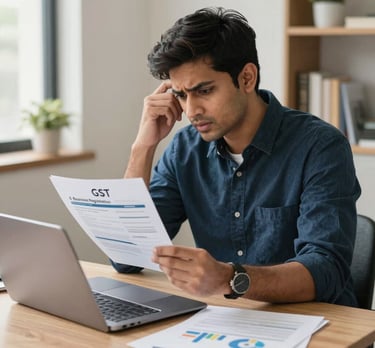A focused man reviewing GST business registration papers while using a laptop for tax filing.
